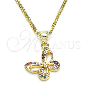 Collares con Dije 04.156.0317.3.20 Oro Laminado, Diseño de Mariposa, con Multicolor Micro Pave, Pulido, Tono Dorado (02 MM Thickness, 20 Inches Length)