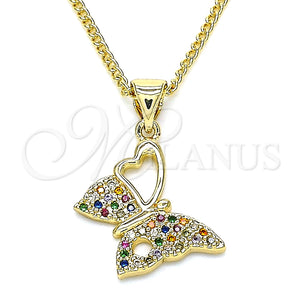 Collares con Dije 04.156.0318.3.20 Oro Laminado, Diseño de Mariposa, con Multicolor Micro Pave, Pulido, Tono Dorado (02 MM Thickness, 20 Inches Length)