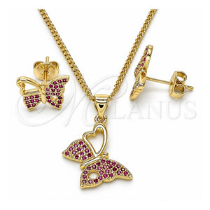 Juego de Arete y Dije de Adulto 10.156.0261.1 Oro Laminado, Diseño de Mariposa, con Rubi Micro Pave, Pulido, Tono Dorado