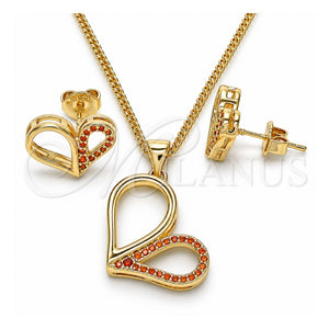 Juego de Arete y Dije de Adulto 10.156.0262.2 Oro Laminado, Diseño de Corazón, con Granate Micro Pave, Pulido, Tono Dorado