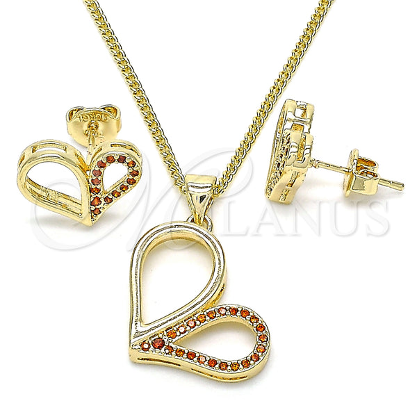 Juego de Arete y Dije de Adulto 10.156.0262.2 Oro Laminado, Diseño de Corazón, con Granate Micro Pave, Pulido, Tono Dorado
