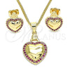 Juego de Arete y Dije de Adulto 10.156.0263.1 Oro Laminado, Diseño de Corazón, con Rubi Micro Pave, Pulido, Tono Dorado
