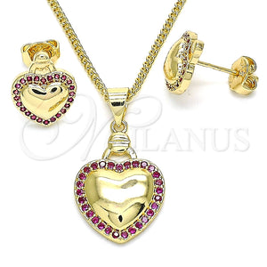 Juego de Arete y Dije de Adulto 10.156.0263.1 Oro Laminado, Diseño de Corazón, con Rubi Micro Pave, Pulido, Tono Dorado