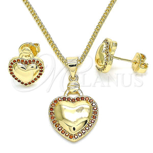 Juego de Arete y Dije de Adulto 10.156.0263.2 Oro Laminado, Diseño de Corazón, con Granate Micro Pave, Pulido, Tono Dorado