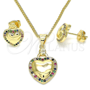 Juego de Arete y Dije de Adulto 10.156.0263.3 Oro Laminado, Diseño de Corazón, con Multicolor Micro Pave, Pulido, Tono Dorado