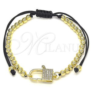 Pulsera Bolo Ajustable 03.341.0085.11 Oro Laminado, Diseño de Candado y Bola, con Blanca Micro Pave, Pulido, Tono Dorado (04 MM Thickness, 11 Inches Length)