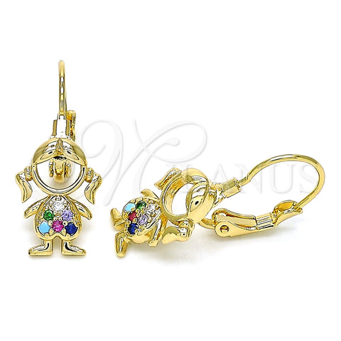 Arete Gancho Frances 02.210.0377.3 Oro Laminado, Diseño de Niñita Pequeña, con Multicolor Micro Pave, Pulido, Tono Dorado