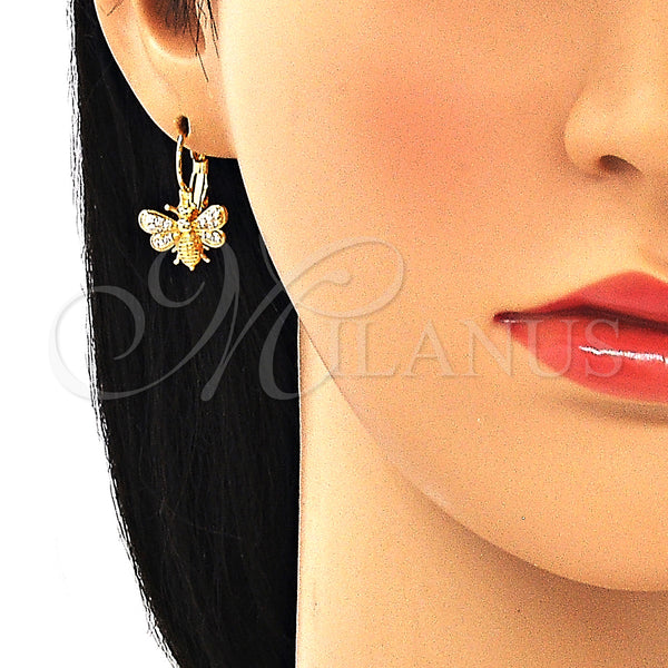 Arete Gancho Frances 02.210.0378 Oro Laminado, Diseño de Abeja, con Blanca Micro Pave, Pulido, Tono Dorado