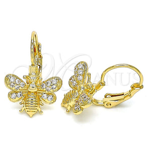 Arete Gancho Frances 02.210.0378 Oro Laminado, Diseño de Abeja, con Blanca Micro Pave, Pulido, Tono Dorado