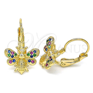 Arete Gancho Frances 02.210.0378.3 Oro Laminado, Diseño de Abeja, con Multicolor Micro Pave, Pulido, Tono Dorado