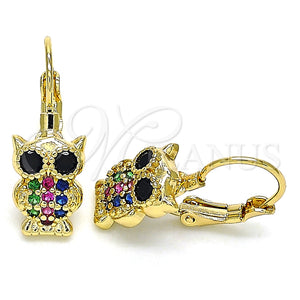 Arete Gancho Frances 02.210.0380.3 Oro Laminado, Diseño de Búho, con Multicolor Micro Pave, Pulido, Tono Dorado