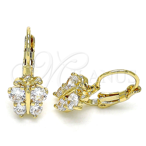 Arete Gancho Frances 02.210.0381 Oro Laminado, Diseño de Mariposa, con Blanca Zirconia Cubica, Pulido, Tono Dorado