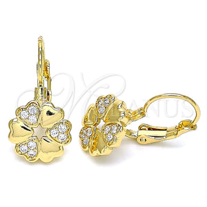 Arete Gancho Frances 02.210.0382 Oro Laminado, Diseño de Flor y Corazón, con Blanca Micro Pave, Pulido, Tono Dorado