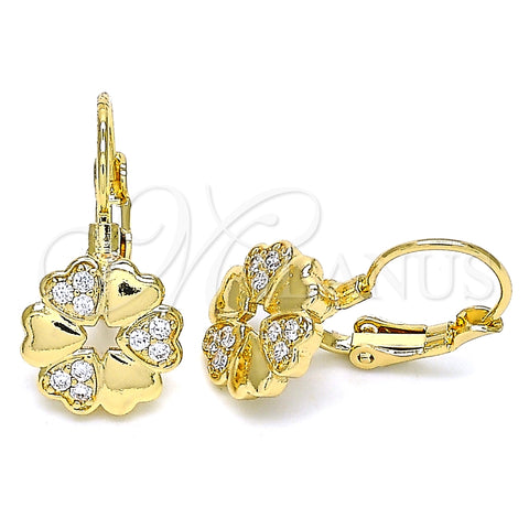Arete Gancho Frances 02.210.0382 Oro Laminado, Diseño de Flor y Corazón, con Blanca Micro Pave, Pulido, Tono Dorado