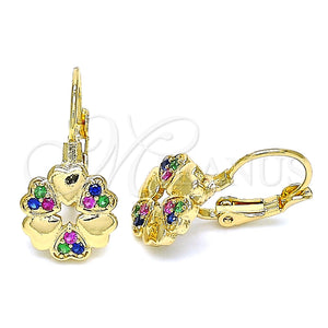 Arete Gancho Frances 02.210.0382.3 Oro Laminado, Diseño de Flor y Corazón, con Multicolor Micro Pave, Pulido, Tono Dorado