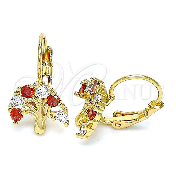 Arete Gancho Frances 02.210.0383.1 Oro Laminado, Diseño de Ãrbol, con Granate and Blanca Zirconia Cubica, Pulido, Tono Dorado