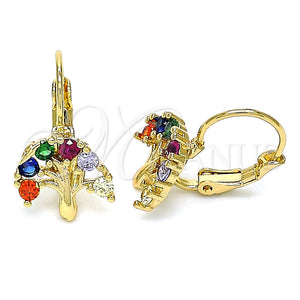 Arete Gancho Frances 02.210.0383.3 Oro Laminado, Diseño de Ãrbol, con Multicolor Zirconia Cubica, Pulido, Tono Dorado