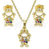 Juego de Arete y Dije de Adulto 10.210.0151.1 Oro Laminado, Diseño de Niñita Pequeña, con Multicolor Micro Pave, Pulido, Tono Dorado