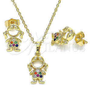 Juego de Arete y Dije de Adulto 10.210.0151.1 Oro Laminado, Diseño de Niñita Pequeña, con Multicolor Micro Pave, Pulido, Tono Dorado
