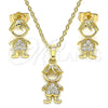 Juego de Arete y Dije de Adulto 10.210.0152 Oro Laminado, Diseño de Niñito Pequeño, con Blanca Micro Pave, Pulido, Tono Dorado