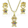 Juego de Arete y Dije de Adulto 10.210.0152.1 Oro Laminado, Diseño de Niñito Pequeño, con Multicolor Micro Pave, Pulido, Tono Dorado