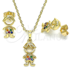Juego de Arete y Dije de Adulto 10.210.0152.1 Oro Laminado, Diseño de Niñito Pequeño, con Multicolor Micro Pave, Pulido, Tono Dorado