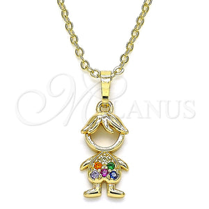 Collares con Dije 04.210.0041.1.18 Oro Laminado, Diseño de Niñito Pequeño, con Multicolor Micro Pave, Pulido, Tono Dorado (02 MM Thickness, 18 Inches Length)