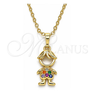 Collares con Dije 04.210.0041.1.18 Oro Laminado, Diseño de Niñito Pequeño, con Multicolor Micro Pave, Pulido, Tono Dorado (02 MM Thickness, 18 Inches Length)
