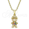 Collares con Dije 04.210.0041.1.18 Oro Laminado, Diseño de Niñito Pequeño, con Multicolor Micro Pave, Pulido, Tono Dorado (02 MM Thickness, 18 Inches Length)