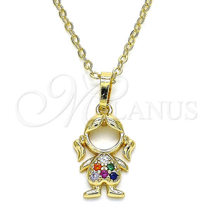 Collares con Dije 04.210.0042.1.18 Oro Laminado, Diseño de Niñita Pequeña, con Multicolor Micro Pave, Pulido, Tono Dorado (02 MM Thickness, 18 Inches Length)