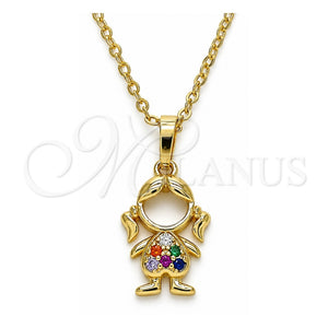Collares con Dije 04.210.0042.1.18 Oro Laminado, Diseño de Niñita Pequeña, con Micro Pave Multicolor, Pulido, Tono Dorado (Grosor 02 MM, 18 Pulgadas de Largo)