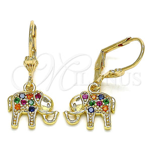 Arete Colgante 02.210.0388.1 Oro Laminado, Diseño de Elefante, con Multicolor Micro Pave, Pulido, Tono Dorado