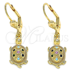 Arete Colgante 02.210.0392.1 Oro Laminado, Diseño de Tortuga, con Multicolor Micro Pave, Pulido, Tono Dorado