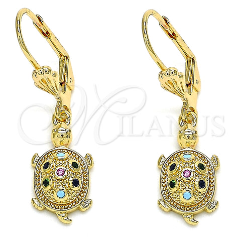 Arete Colgante 02.210.0392.1 Oro Laminado, Diseño de Tortuga, con Multicolor Micro Pave, Pulido, Tono Dorado