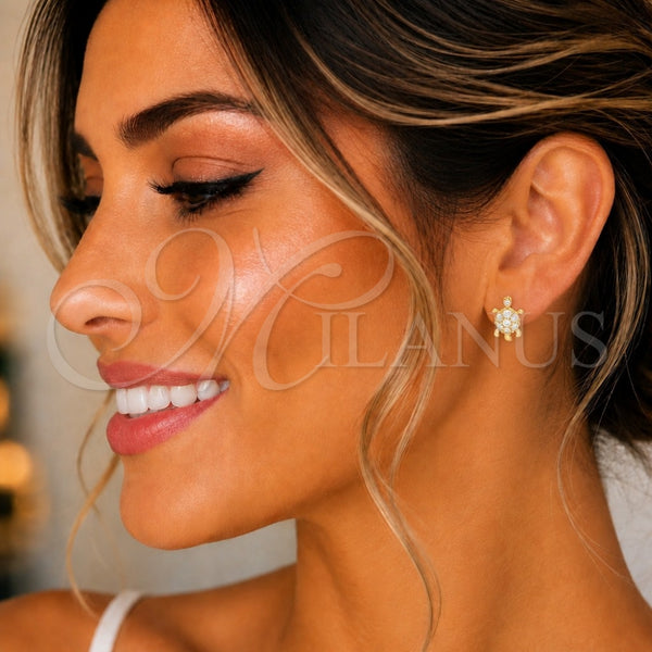 Arete Dormilona 02.345.0010.1 Oro Laminado, Diseño de Tortuga, con Blanca Zirconia Cubica, Pulido, Tono Dorado