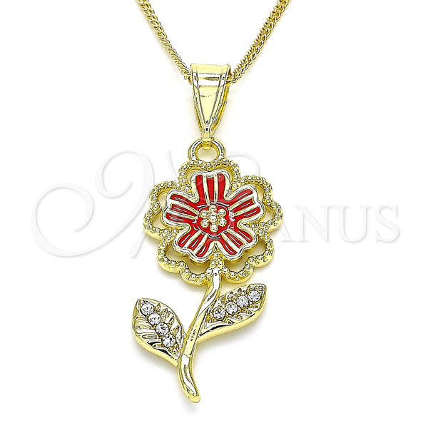 Collares con Dije 04.253.0015.20 Oro Laminado, Diseño de Flor, con Blanca Cristal, Esmaltado Rojo, Tono Dorado (02 MM Thickness, 20 Inches Length)