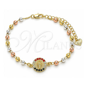 Pulsera Elegante 03.253.0055.1.07 Oro Laminado, Diseño de San Judas, con Cristal Multicolor, Pulido, Tres Tonos (Grosor 04 MM, 7 Pulgadas de Largo)