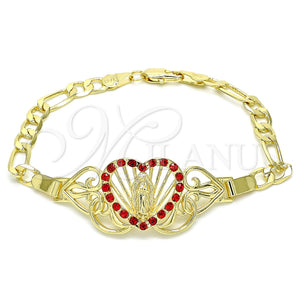 Pulsera Elegante 03.253.0063.2.07 Oro Laminado, Diseño de Corazón y Guadalupe, con Granate Cristal, Pulido, Tono Dorado (06 MM Thickness, 7 Inches Length)