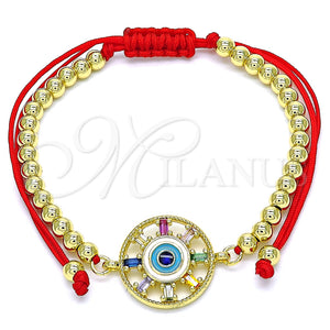 Pulsera Bolo Ajustable 03.341.0090.11 Oro Laminado, Diseño de Bola y Ojo Griego, con Multicolor Zirconia Cubica, Esmaltado Multicolor, Tono Dorado (04 MM Thickness, 11 Inches Length)