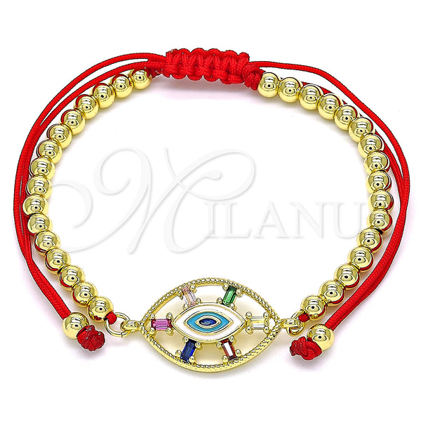 Pulsera Bolo Ajustable 03.341.0091.11 Oro Laminado, Diseño de Bola y Ojo Griego, con Multicolor Zirconia Cubica, Esmaltado Multicolor, Tono Dorado (04 MM Thickness, 11 Inches Length)