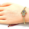 Pulsera Bolo Ajustable 03.341.0094.11 Oro Laminado, Diseño de Mano de Dios y Ojo Griego, con Blanca Micro Pave, Esmaltado Azul, Tono Dorado (04 MM Thickness, 11 Inches Length)