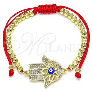 Pulsera Bolo Ajustable 03.341.0094.11 Oro Laminado, Diseño de Mano de Dios y Ojo Griego, con Blanca Micro Pave, Esmaltado Azul, Tono Dorado (04 MM Thickness, 11 Inches Length)