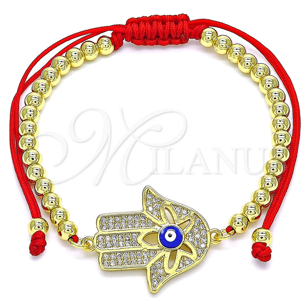 Pulsera Bolo Ajustable 03.341.0094.11 Oro Laminado, Diseño de Mano de Dios y Ojo Griego, con Blanca Micro Pave, Esmaltado Azul, Tono Dorado (04 MM Thickness, 11 Inches Length)