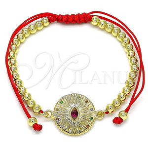 Pulsera Bolo Ajustable 03.341.0102.11 Oro Laminado, Diseño de Bola y Ojo Griego, con Multicolor Micro Pave and Rubi Zirconia Cubica, Pulido, Tono Dorado (04 MM Thickness, 11 Inches Length)