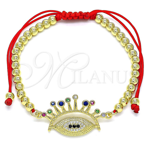 Pulsera Bolo Ajustable 03.341.0105.11 Oro Laminado, Diseño de Bola y Ojo Griego, con Multicolor Micro Pave, Pulido, Tono Dorado (04 MM Thickness, 11 Inches Length)