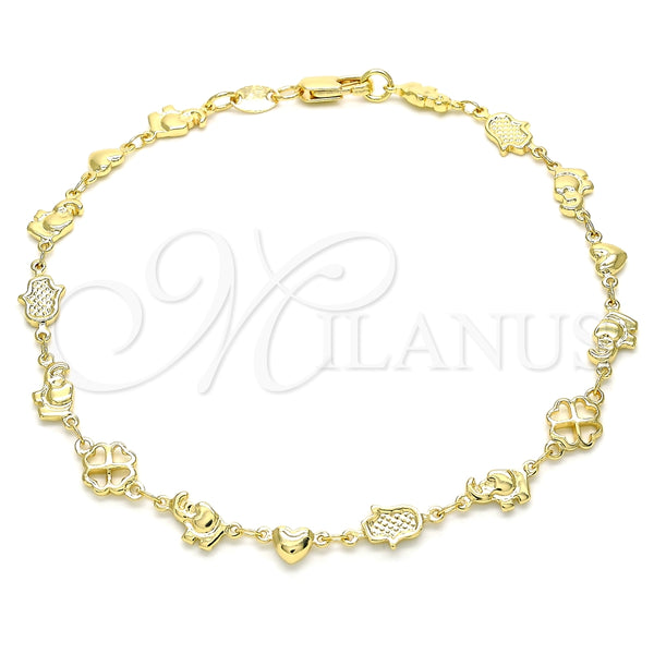 Tobillera Elegante 03.326.0016.10 Oro Laminado, Diseño de Elefante y Corazón, Pulido, Tono Dorado (06 MM Thickness, 10 Inches Length)