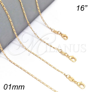 Gargantilla Basica 04.32.0015.16 Oro Laminado, Diseño de Figaro, Pulido, Tono Dorado (01 MM Thickness, 16 Inches Length)