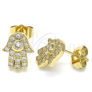 Arete Dormilona 02.210.0401 Oro Laminado, Diseño de Mano de Dios y Judaica, con Micro Pave Blanca, Pulido, Tono Dorado