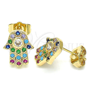 Arete Dormilona 02.210.0401.1 Oro Laminado, Diseño de Mano de Dios y Judaica, con Micro Pave Multicolor, Pulido, Tono Dorado