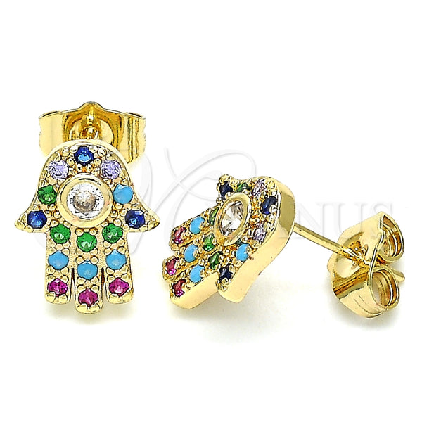 Arete Dormilona 02.210.0401.1 Oro Laminado, Diseño de Mano de Dios y Judaica, con Micro Pave Multicolor, Pulido, Tono Dorado